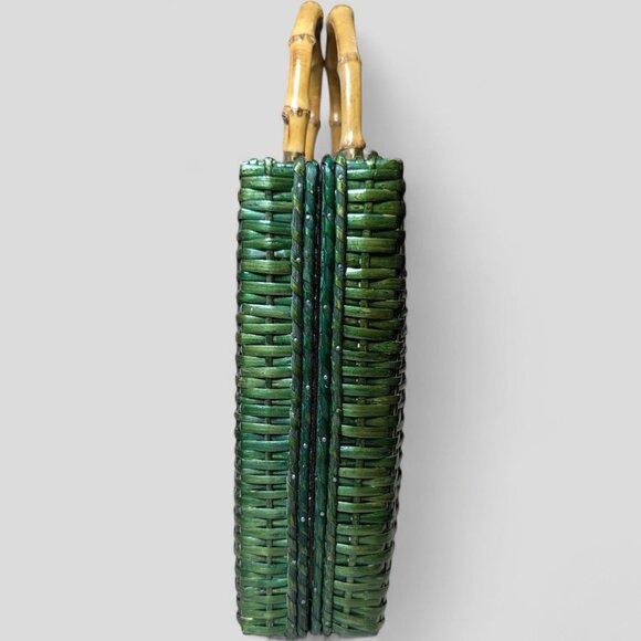 Vintage‎ Green Wicker Rattan Satchel Briefcase Purse Bamboo Handle  14"X10" MCM - Picture 3 of 16